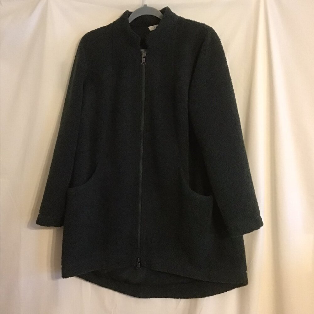 LOGO Lori Goldstein Dk Green Lined Sherpa Jacket/Coat 2-Way Zip, Pockets M 10/12